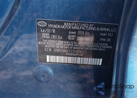 2018 Hyundai Elantra Sel из США, поврежденный, VIN 5NPD84LF2JH374521